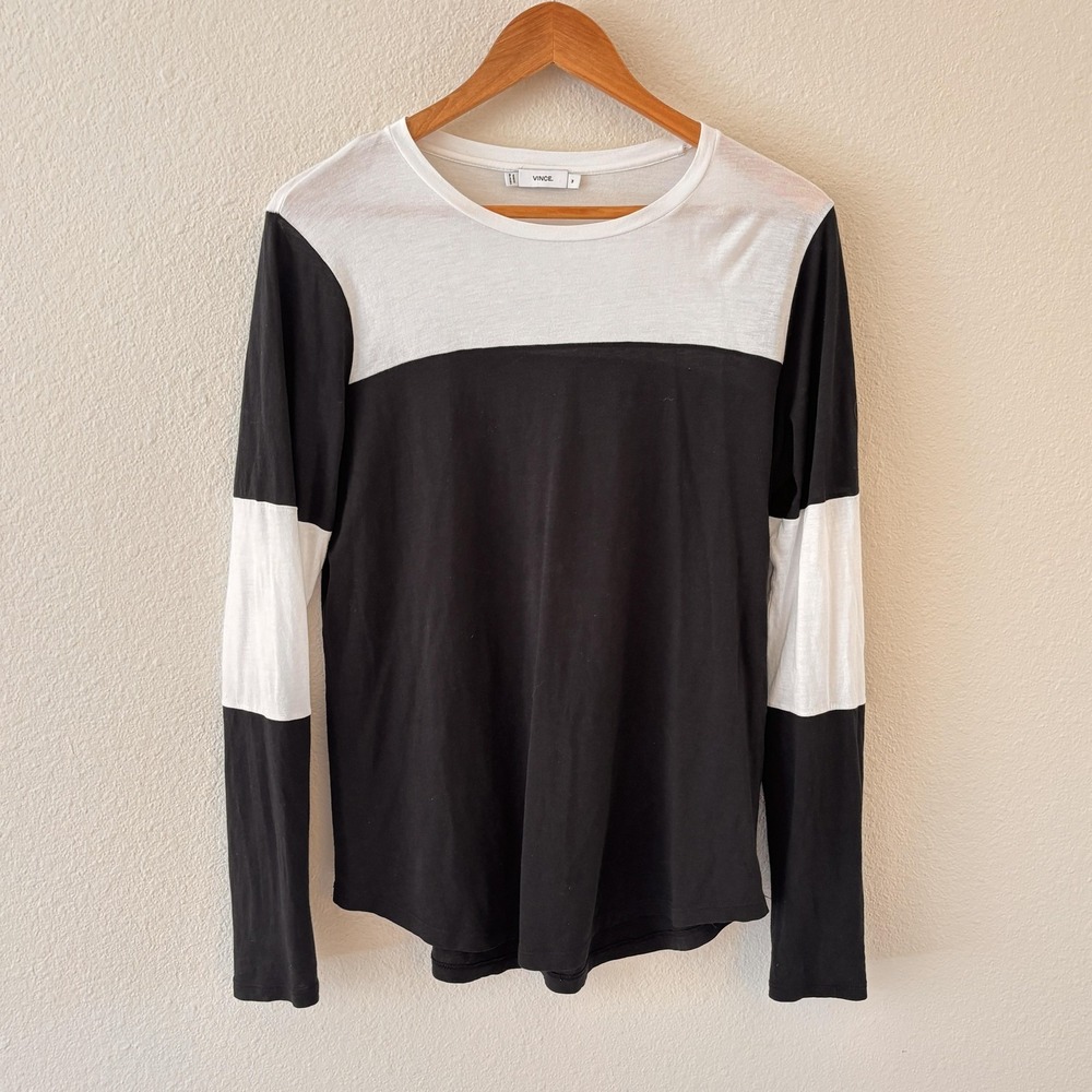 Vince Colorblock‎ T Shirt Womens M Black White Long Sleeve Crewneck Minimalist